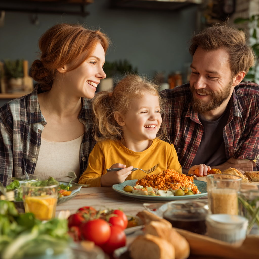Happy Ukrainian family of three generations cooking together in a modern kitchen, preparing healthy colorful ingredients
